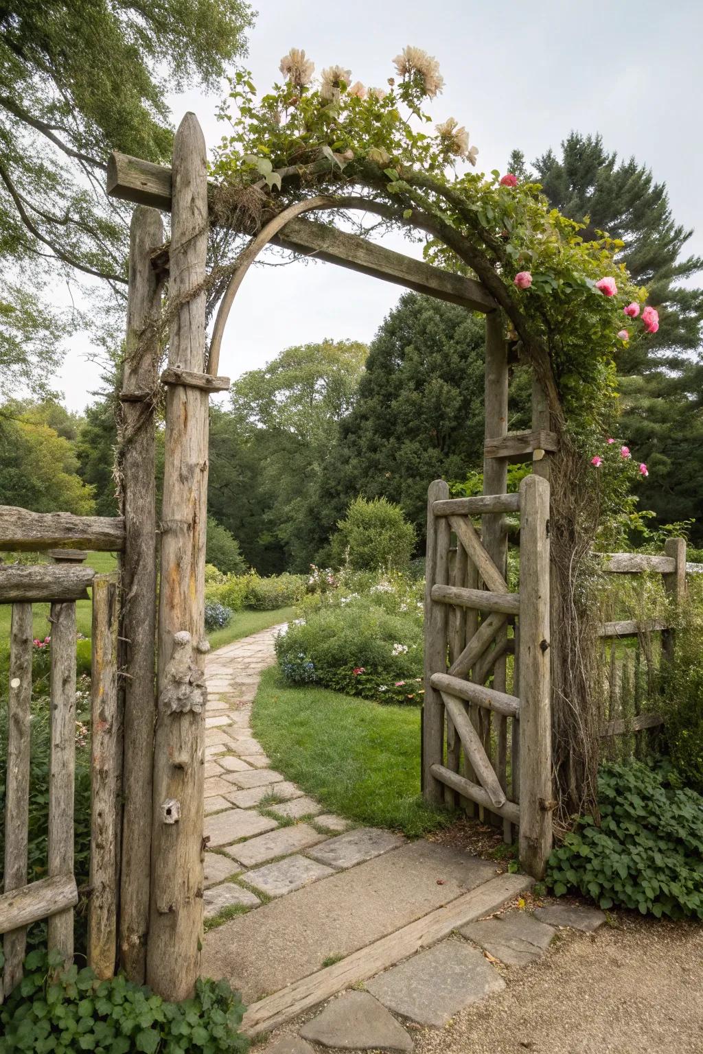 A rustic archway adds architectural interest and charm to a log gate.