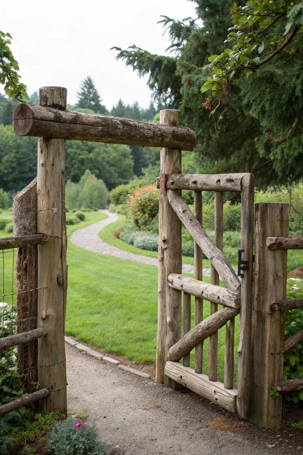 An eco-friendly log gate crafted from reclaimed wood, full of history and charm.