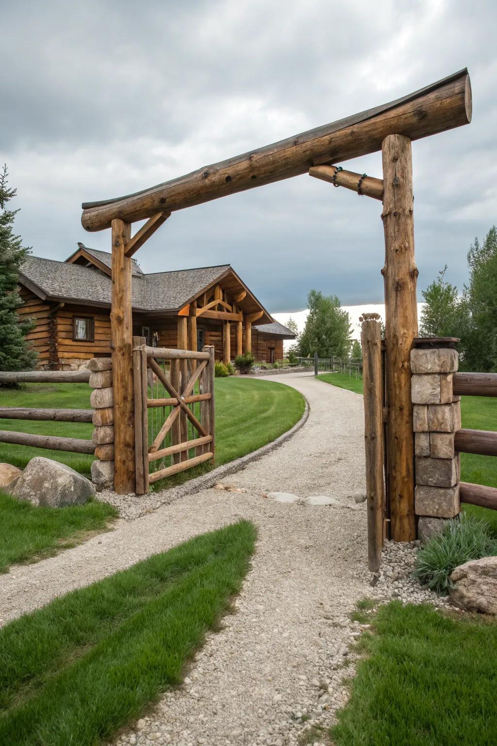 A classic timber log gate brings warmth and elegance to any entrance.