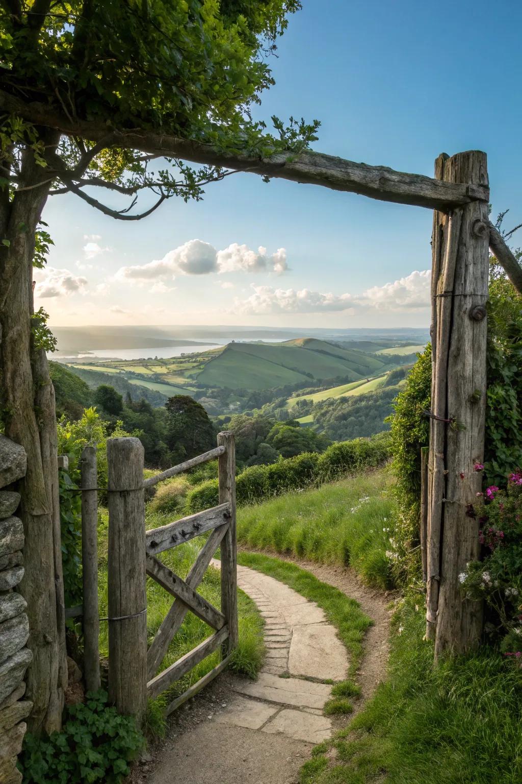 A log gate that perfectly frames a scenic view, creating a natural masterpiece.