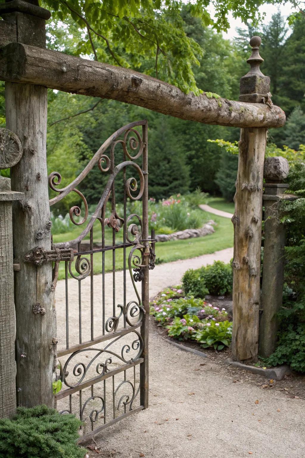 Artistic elements turn a simple log gate into a statement piece.
