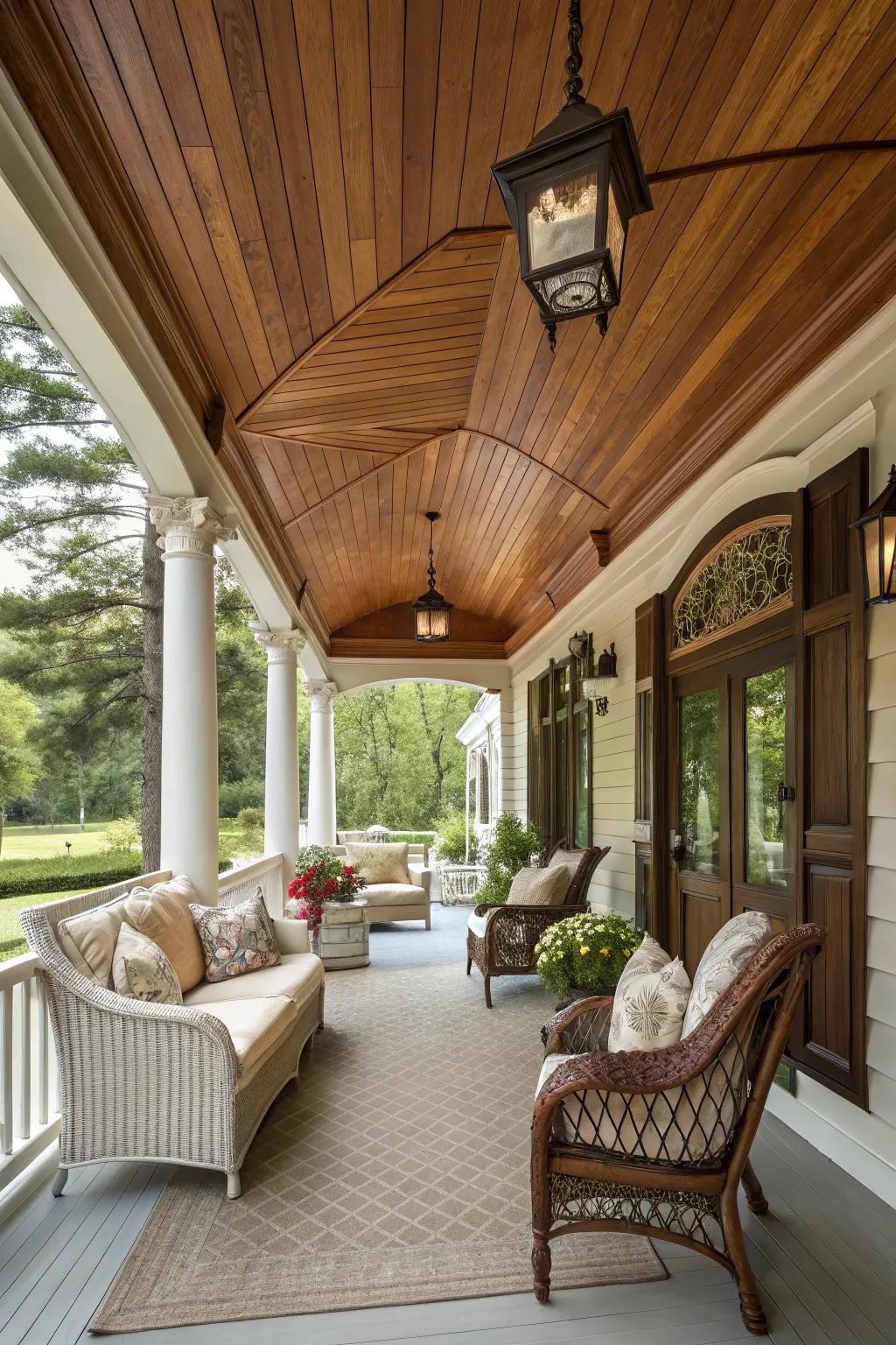 Enhance your porch with a classic maple-stained ceiling.