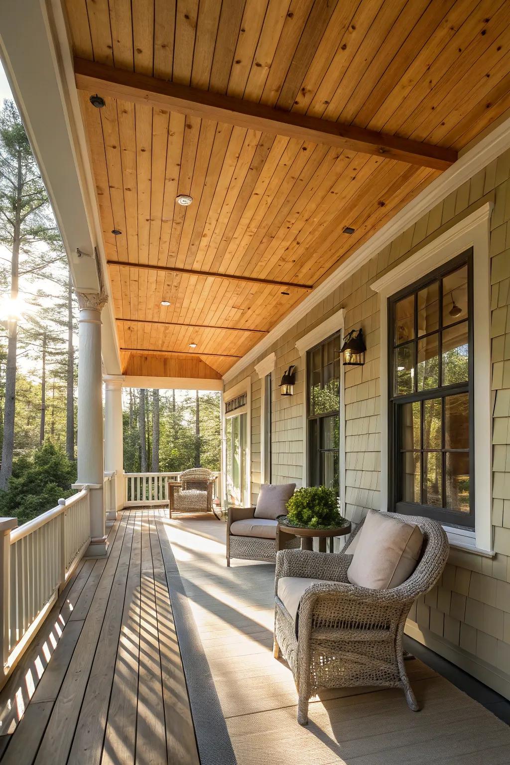 Lighten your porch with a beautiful pine-stained ceiling.