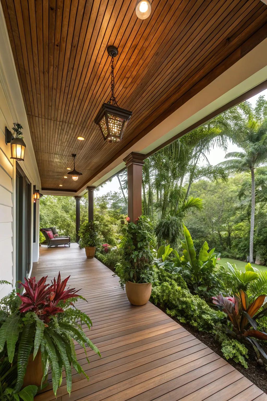 Transform your porch into a tropical oasis with teak tones.