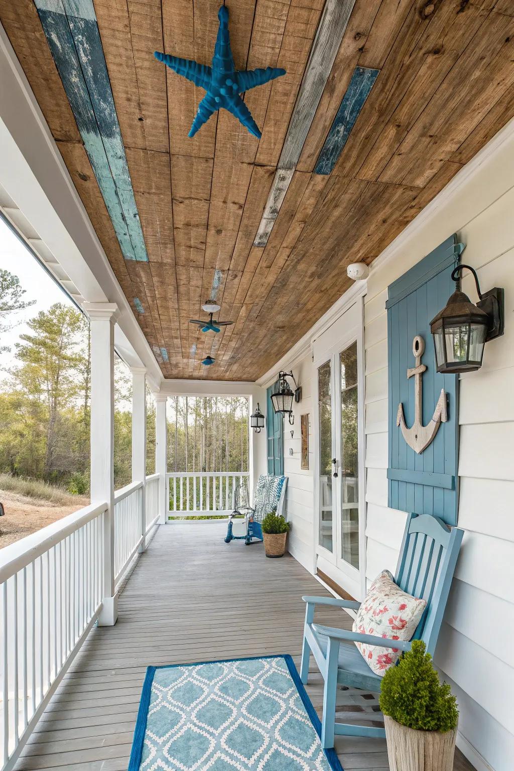 Evoke coastal serenity with a driftwood-stained ceiling.