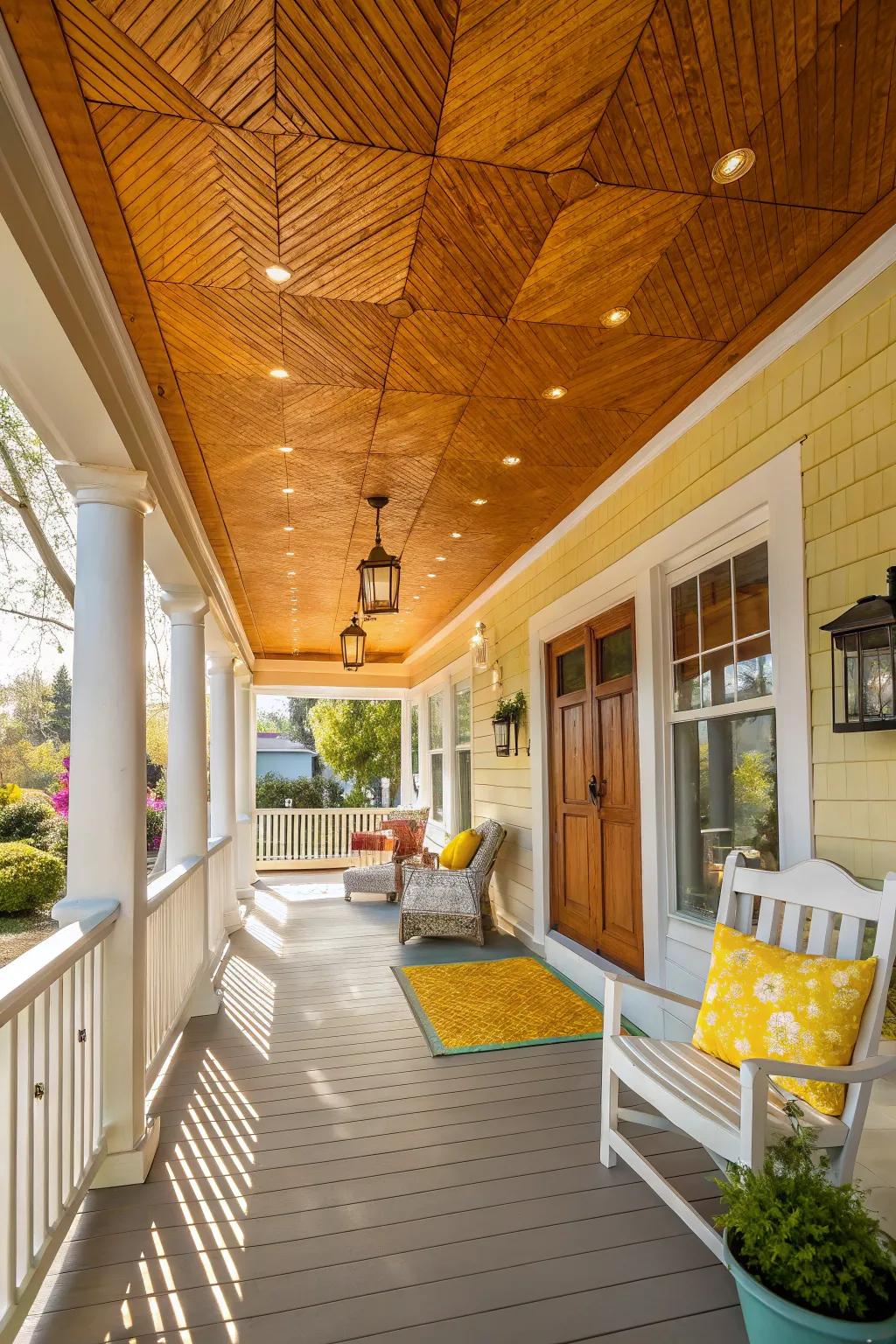 Create a warm and inviting porch with golden oak tones.