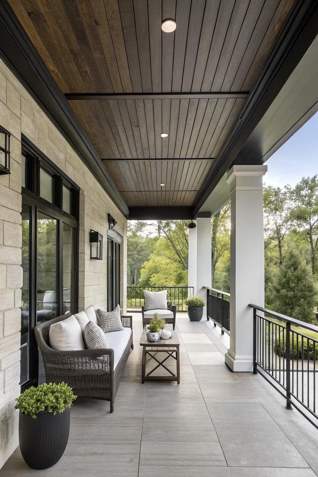 Achieve a modern look with an ebony-stained ceiling.