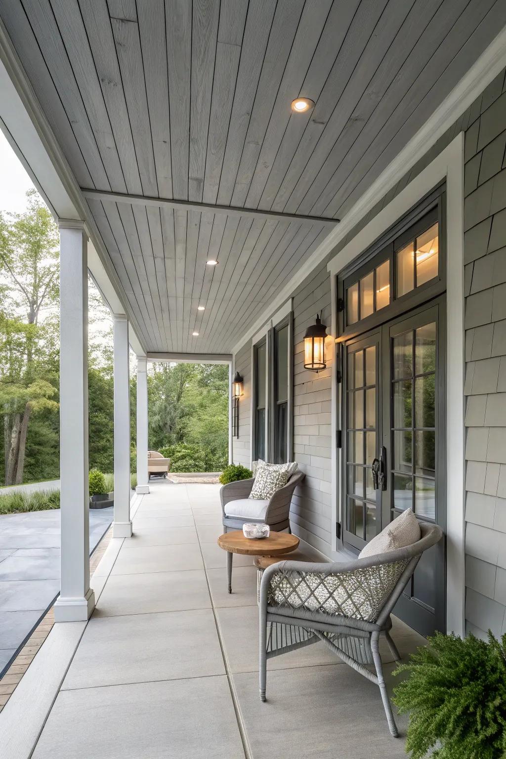 Achieve modern elegance with a gray wash-stained ceiling.