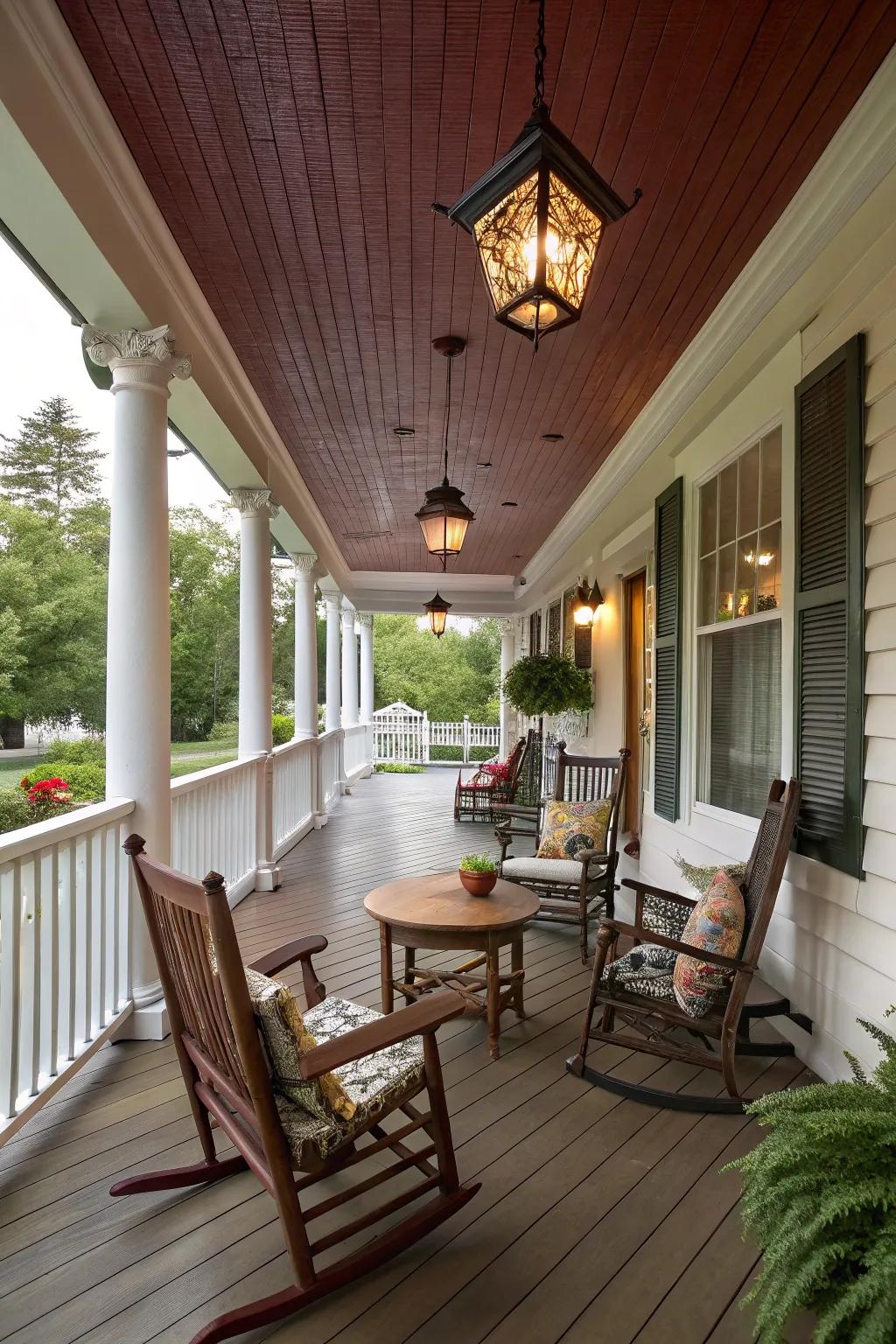 Enhance your porch with a rich cherry-stained ceiling.