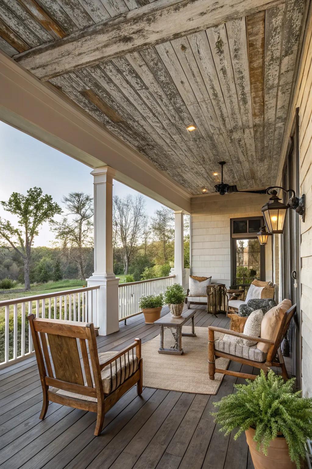 Achieve a vintage feel with a weathered-stained ceiling.