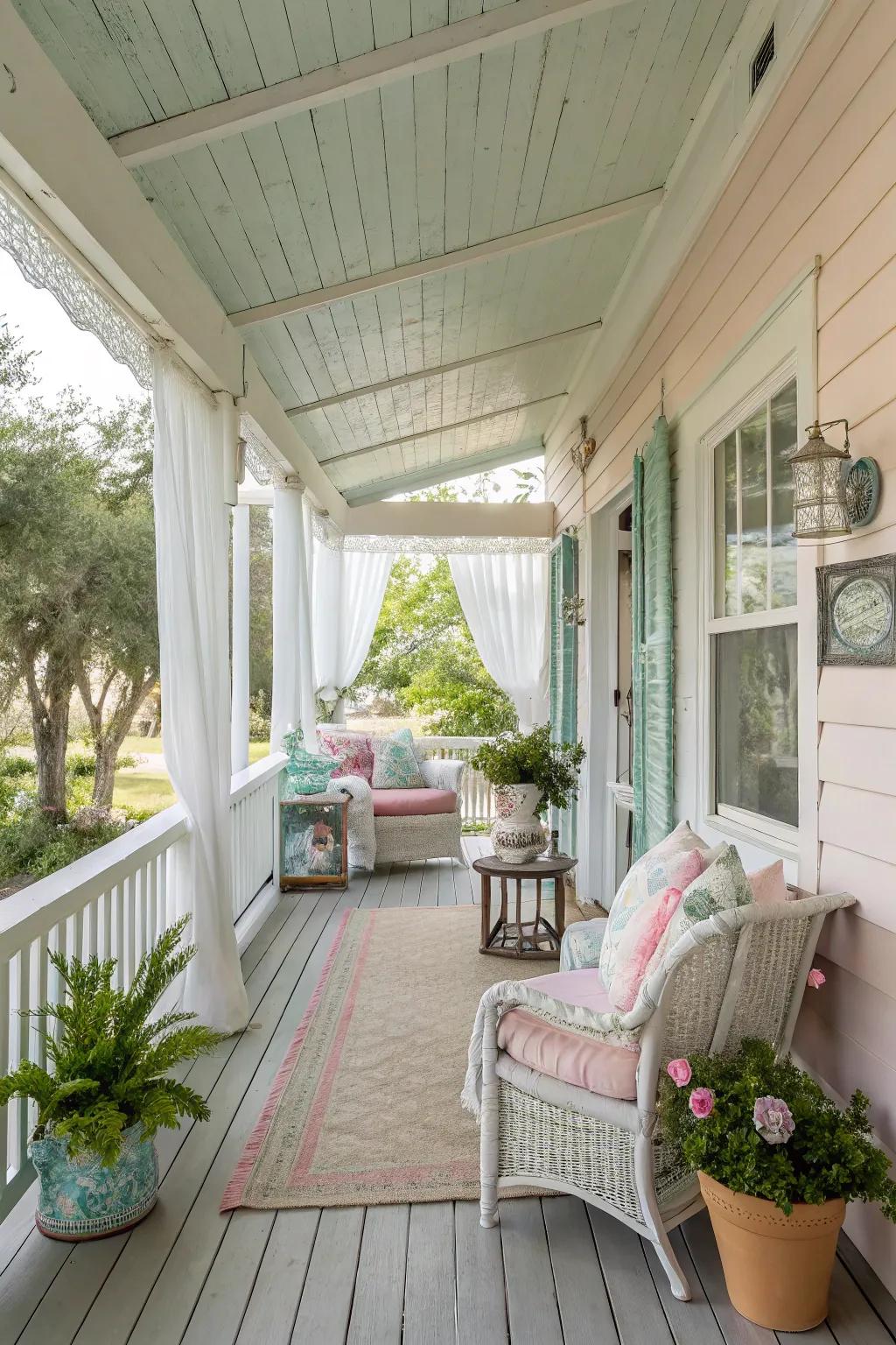Create a light and airy porch with a whitewash-stained ceiling.
