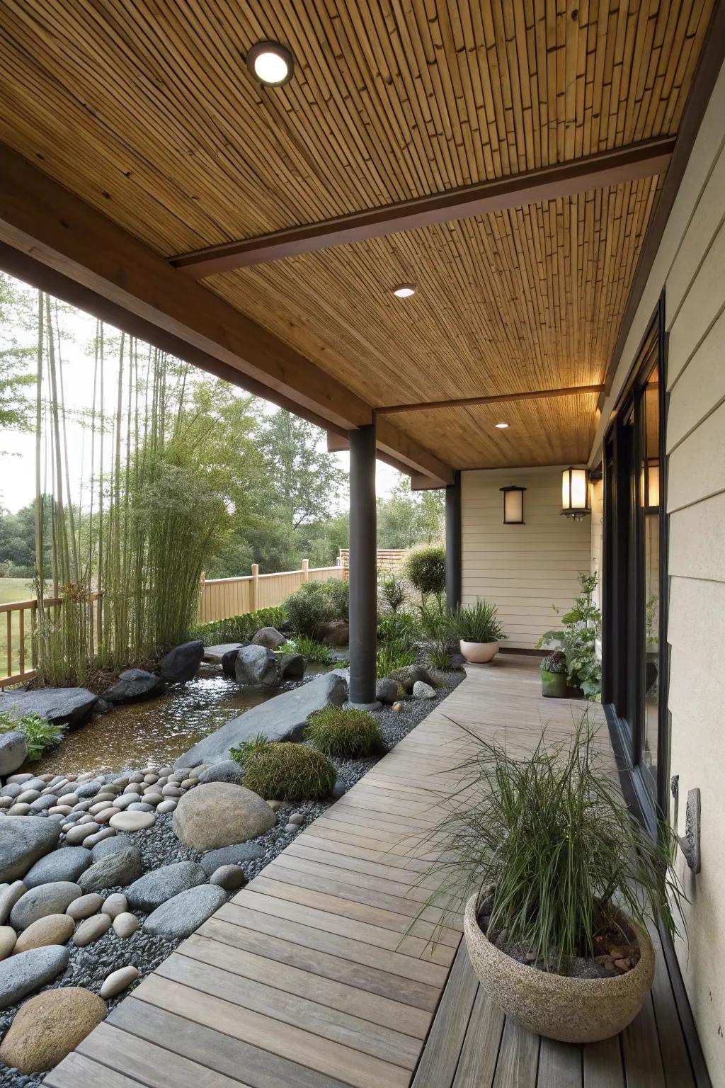 Create a zen retreat with a bamboo-stained ceiling.