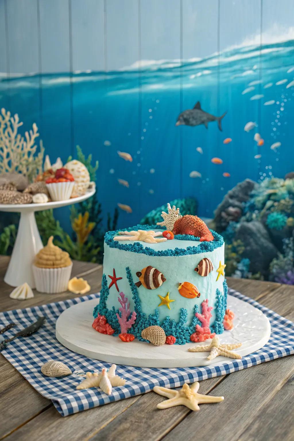 This tropical fish cake is a vibrant centerpiece for any pool party.