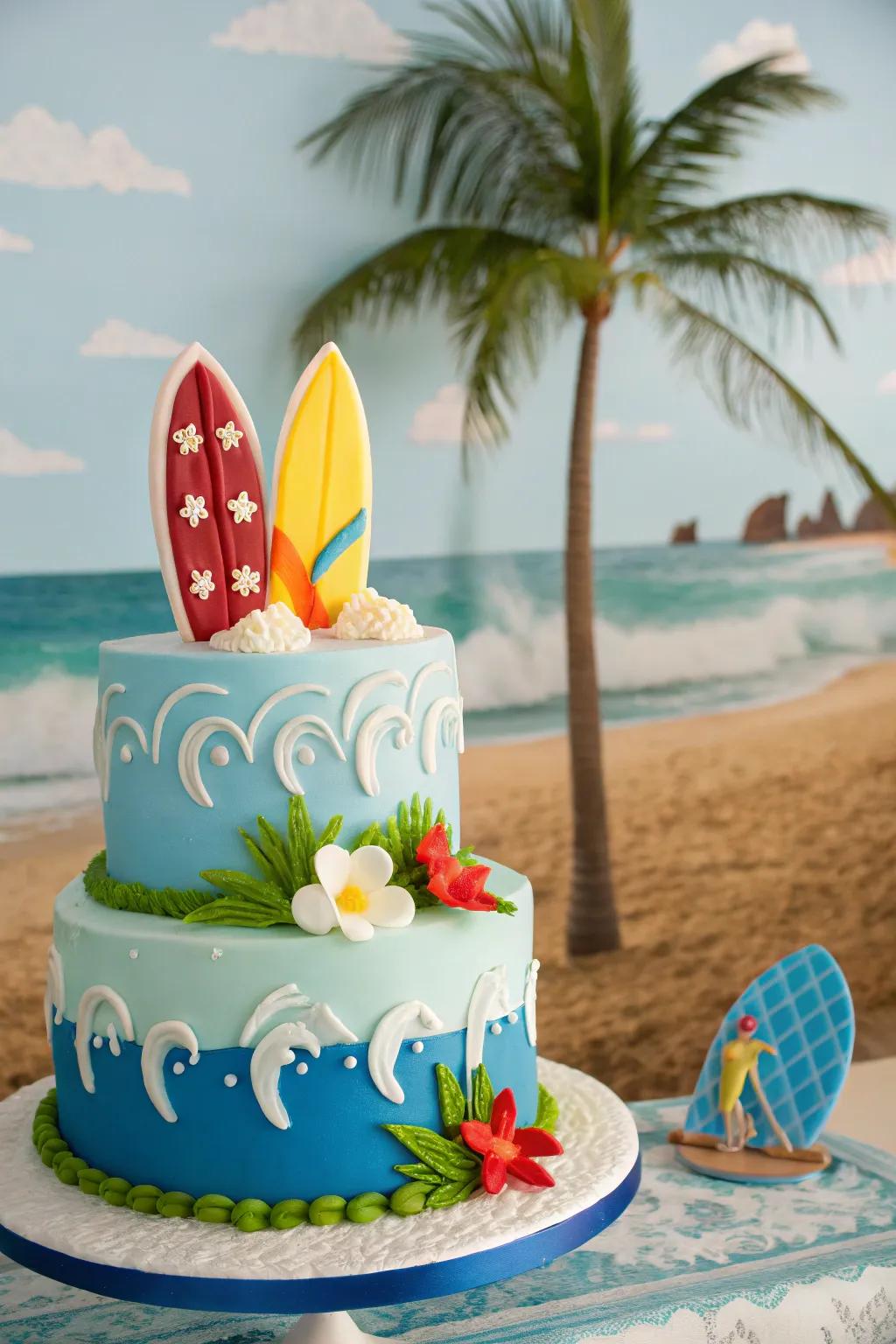 These surfboard cake decorations bring a touch of adventure.