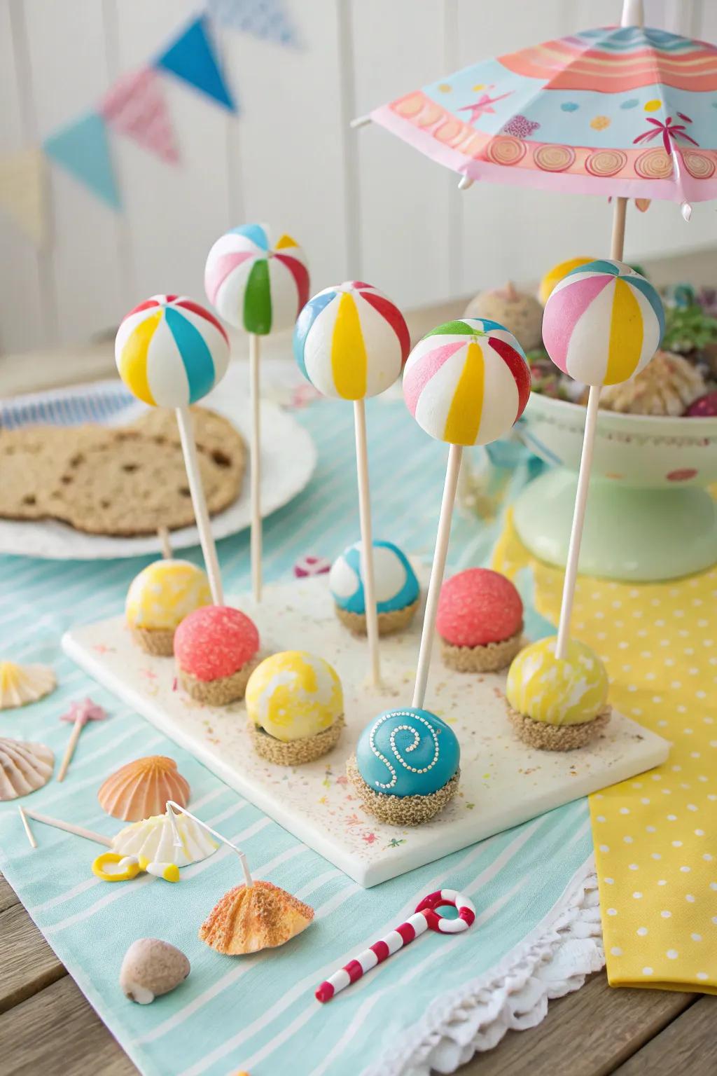 These mini beach ball cake pops add a playful touch to your party spread.
