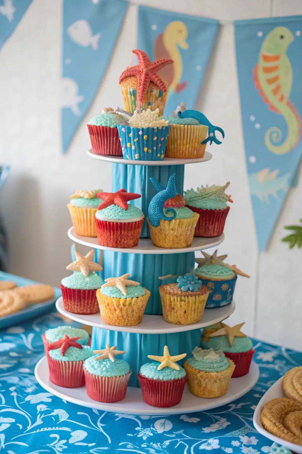 This sea creature cupcake tower is a delightful oceanic display.
