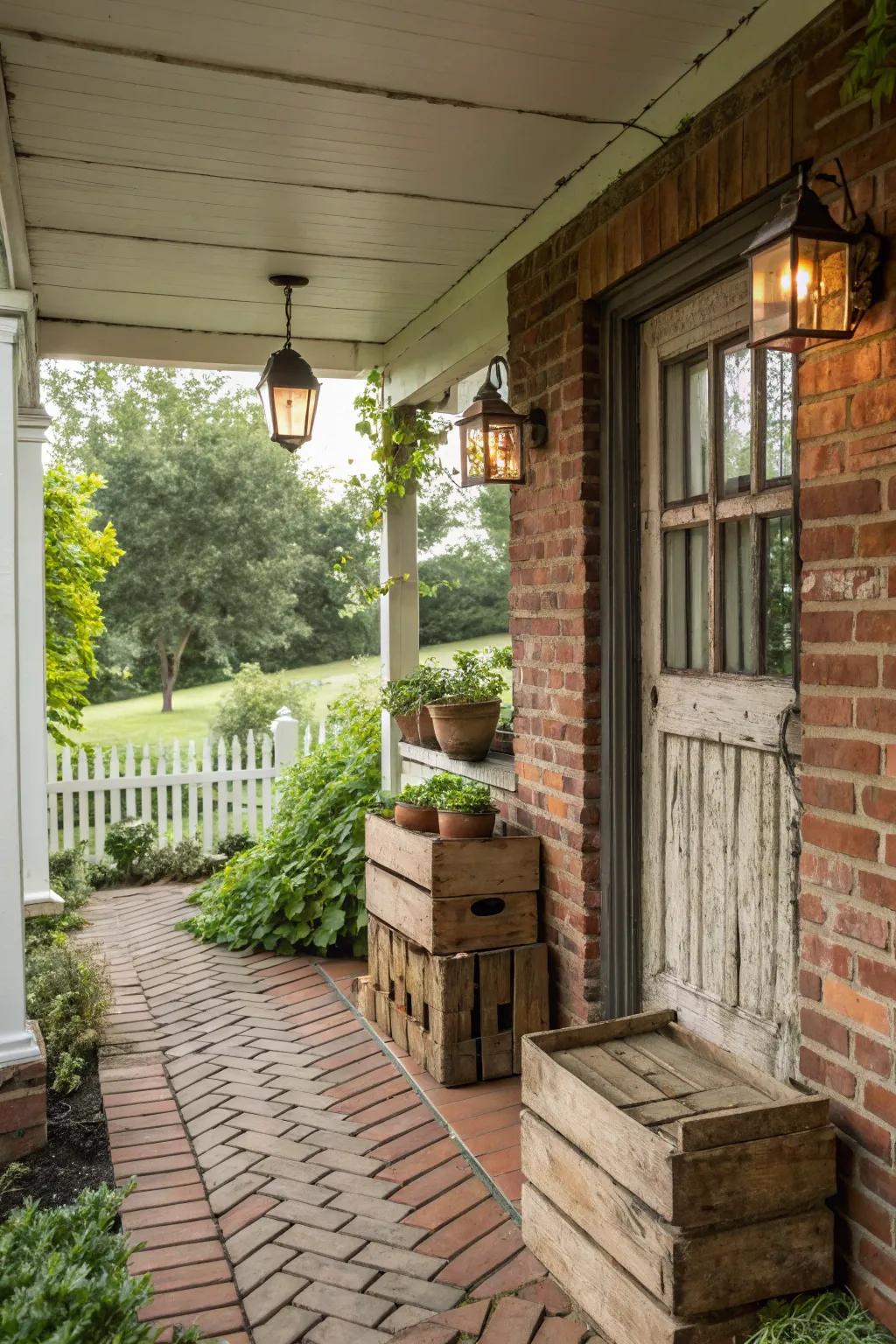 Rustic elements complement the natural beauty of brick.