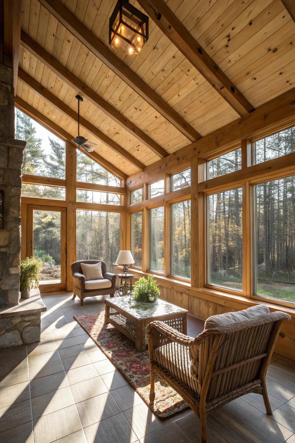 Exposed wooden beams add rustic charm to your sunroom.