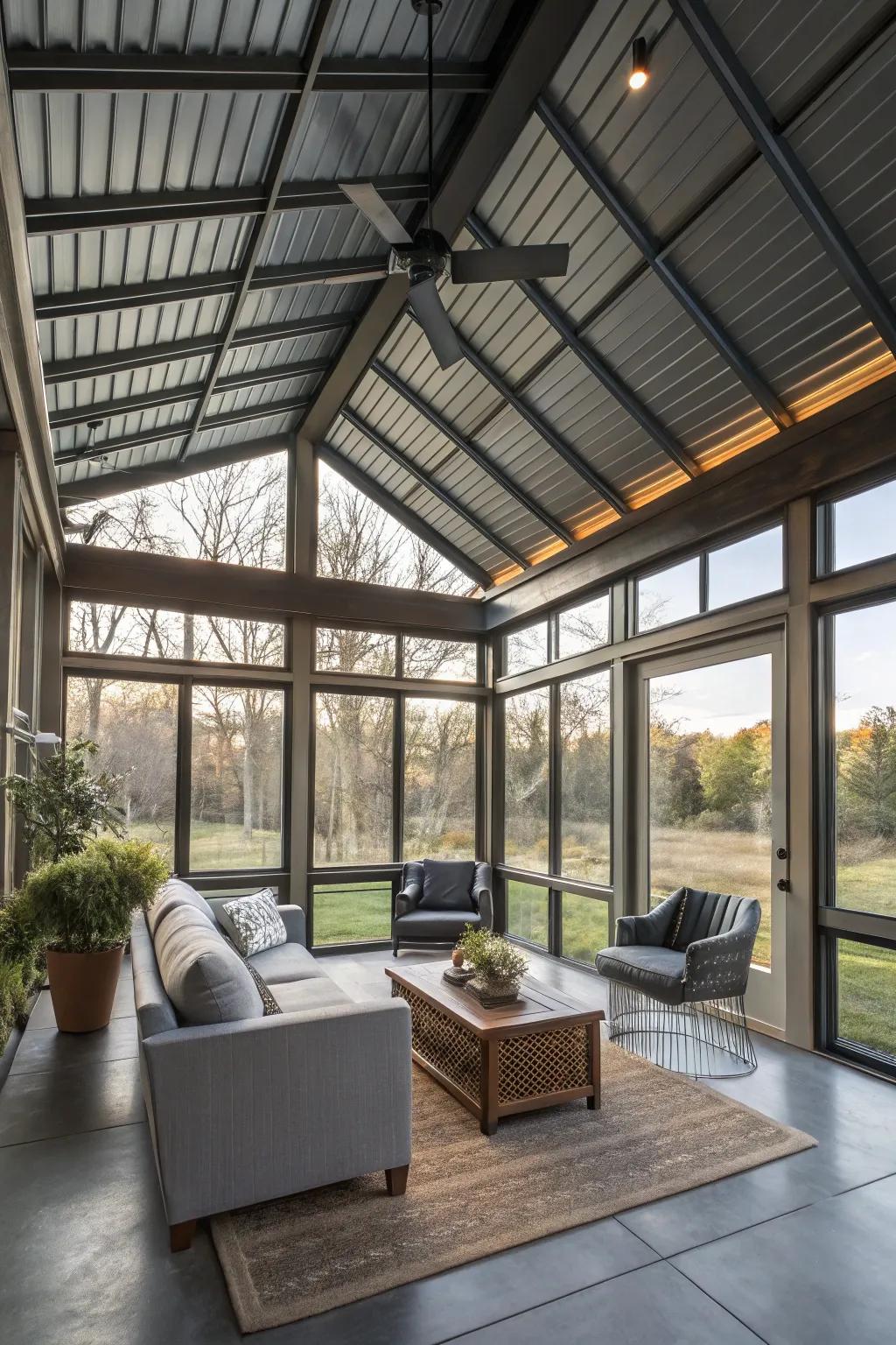 Industrial metal ceilings make a bold, modern statement.