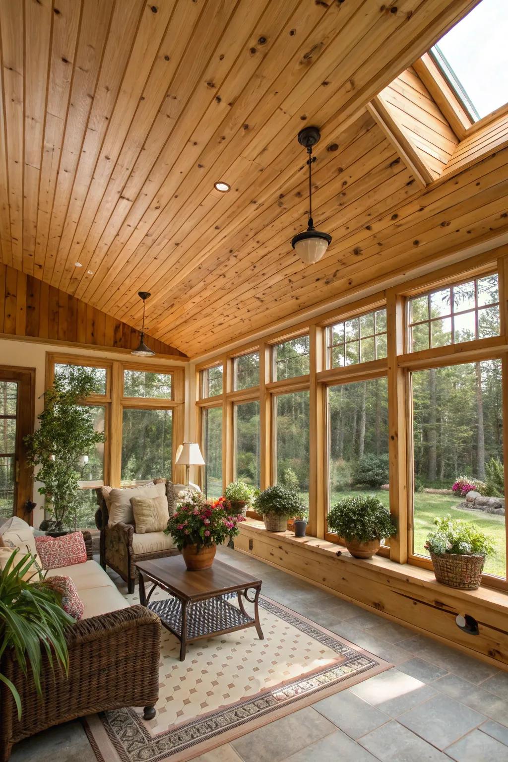 Natural wood planks give a rustic touch to your sunroom.