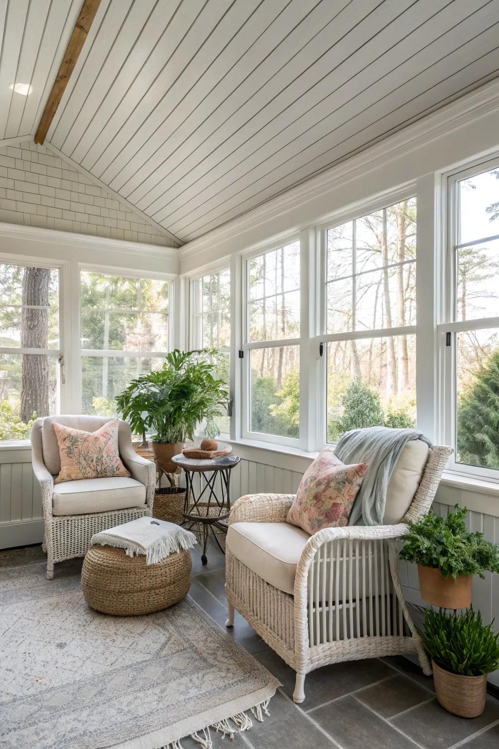Beadboard ceilings add subtle texture and charm.