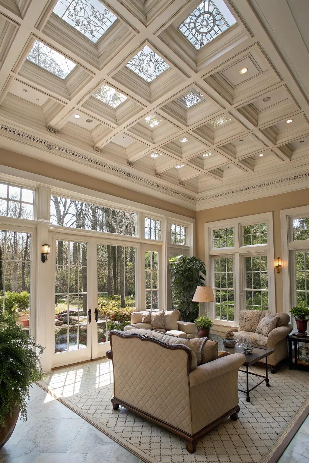 Coffered ceilings add depth and timeless elegance.