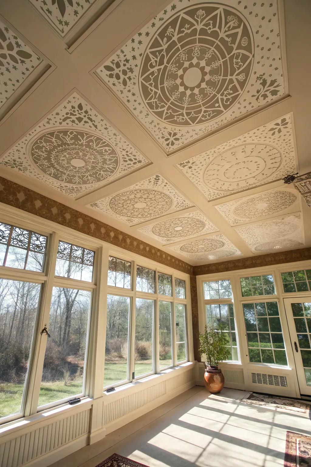 Stenciled patterns add artistic flair overhead.