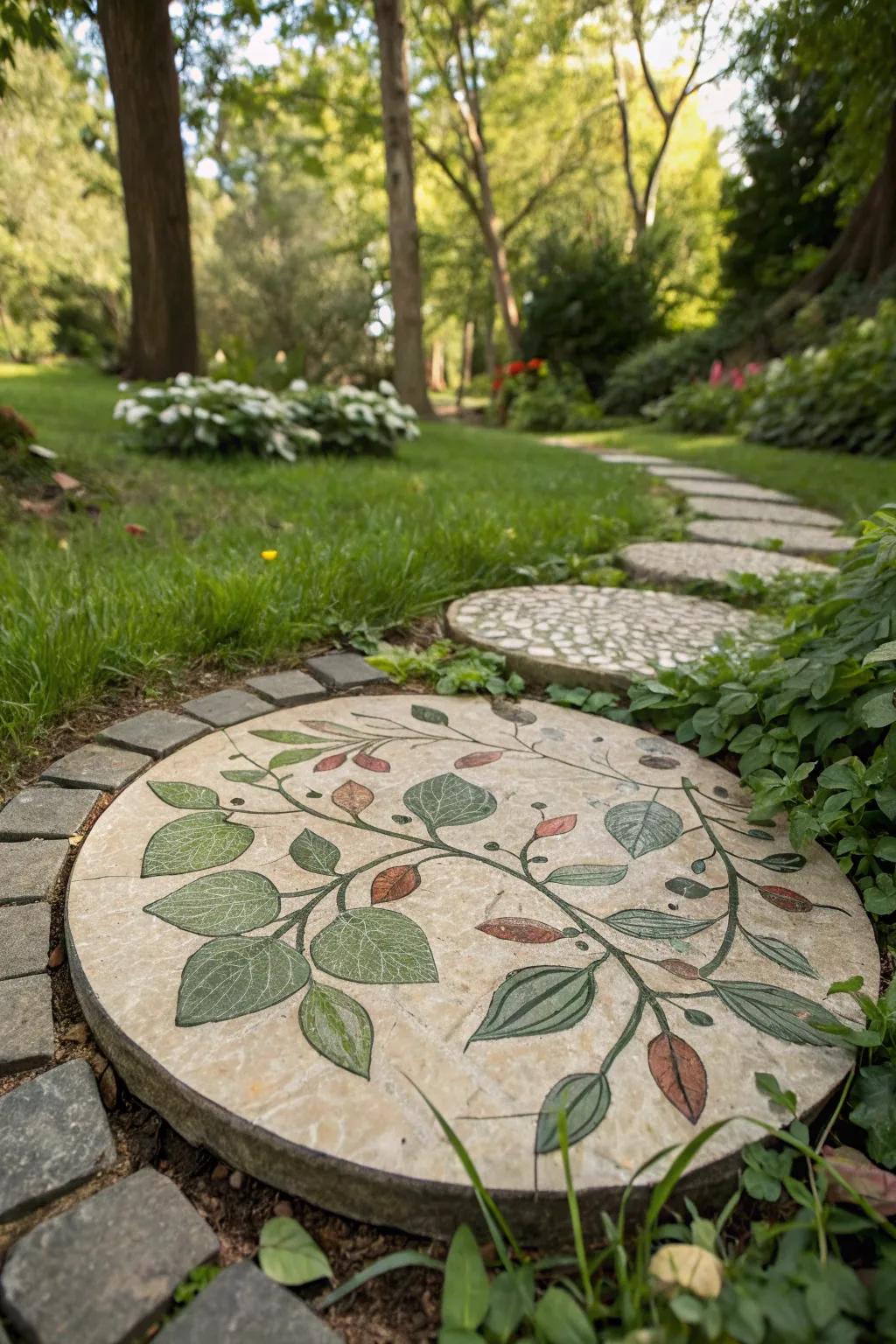 Mosaic stepping stone featuring a nature-inspired pattern of leaves and branches.