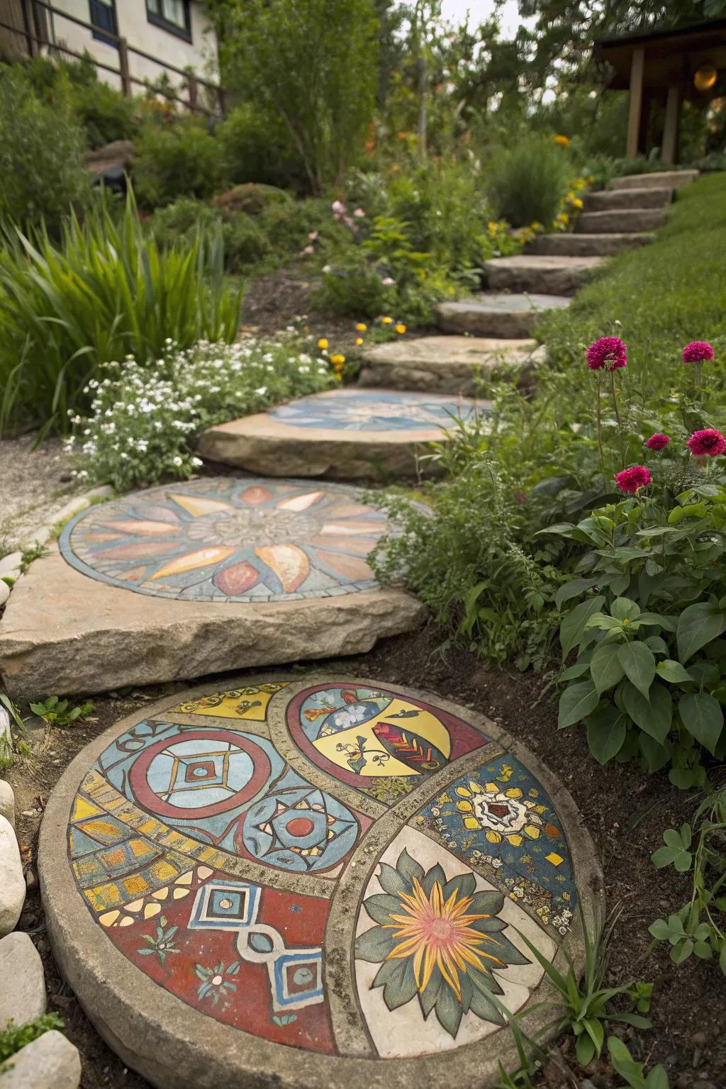 Culturally inspired mosaic stepping stone with global artistic motifs.
