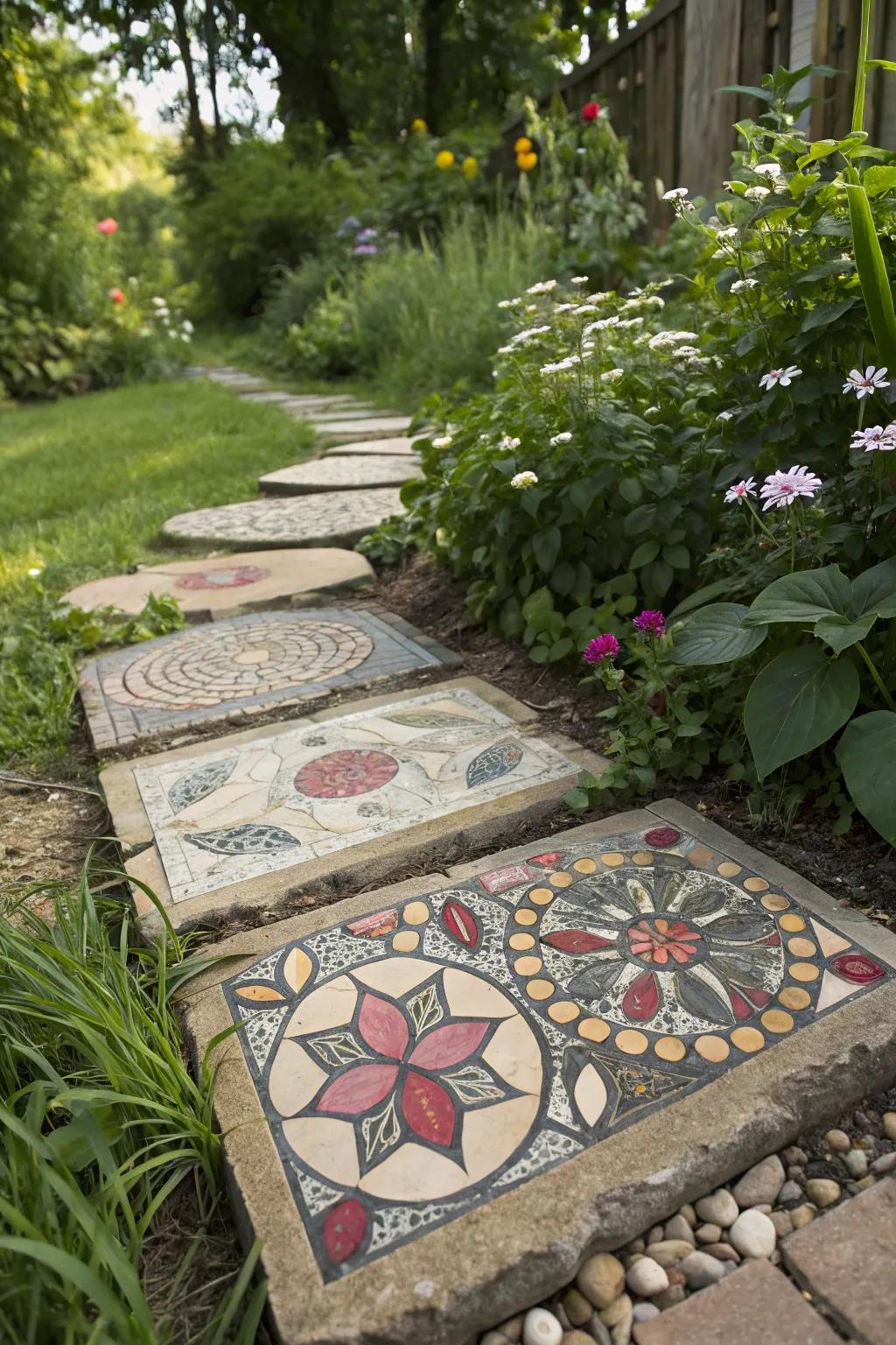 Eclectic mosaic stepping stone with a playful mix of styles and colors.