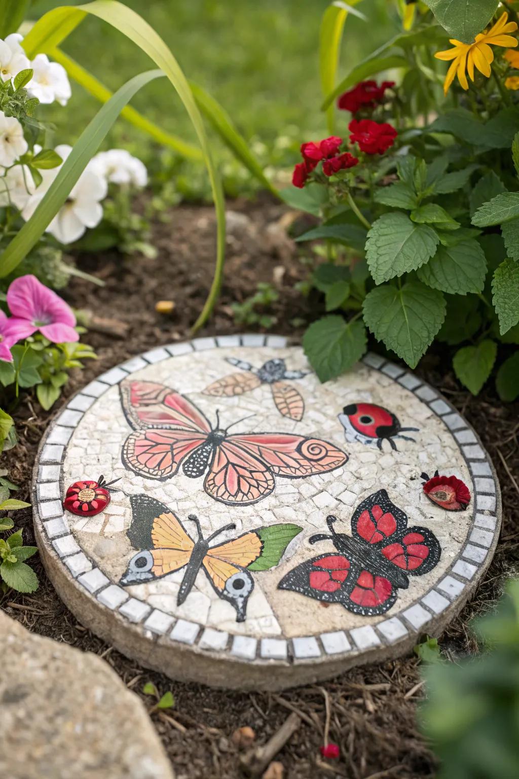 Garden-inspired mosaic stepping stone with butterfly and ladybug designs.