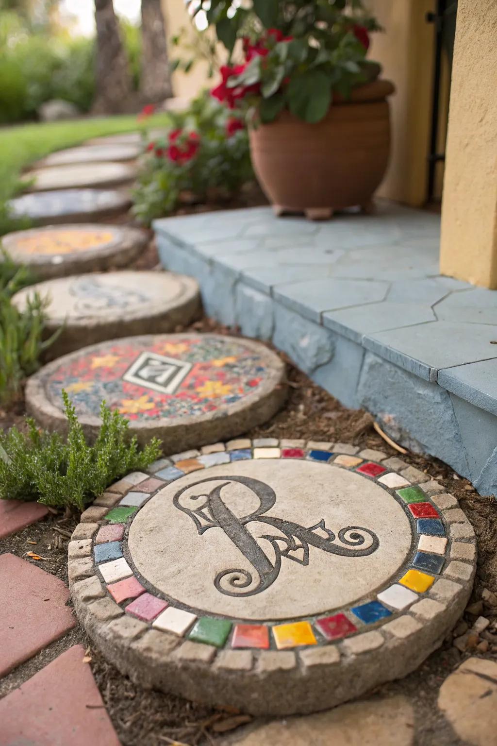 Monogrammed mosaic stepping stone with personalized initials.