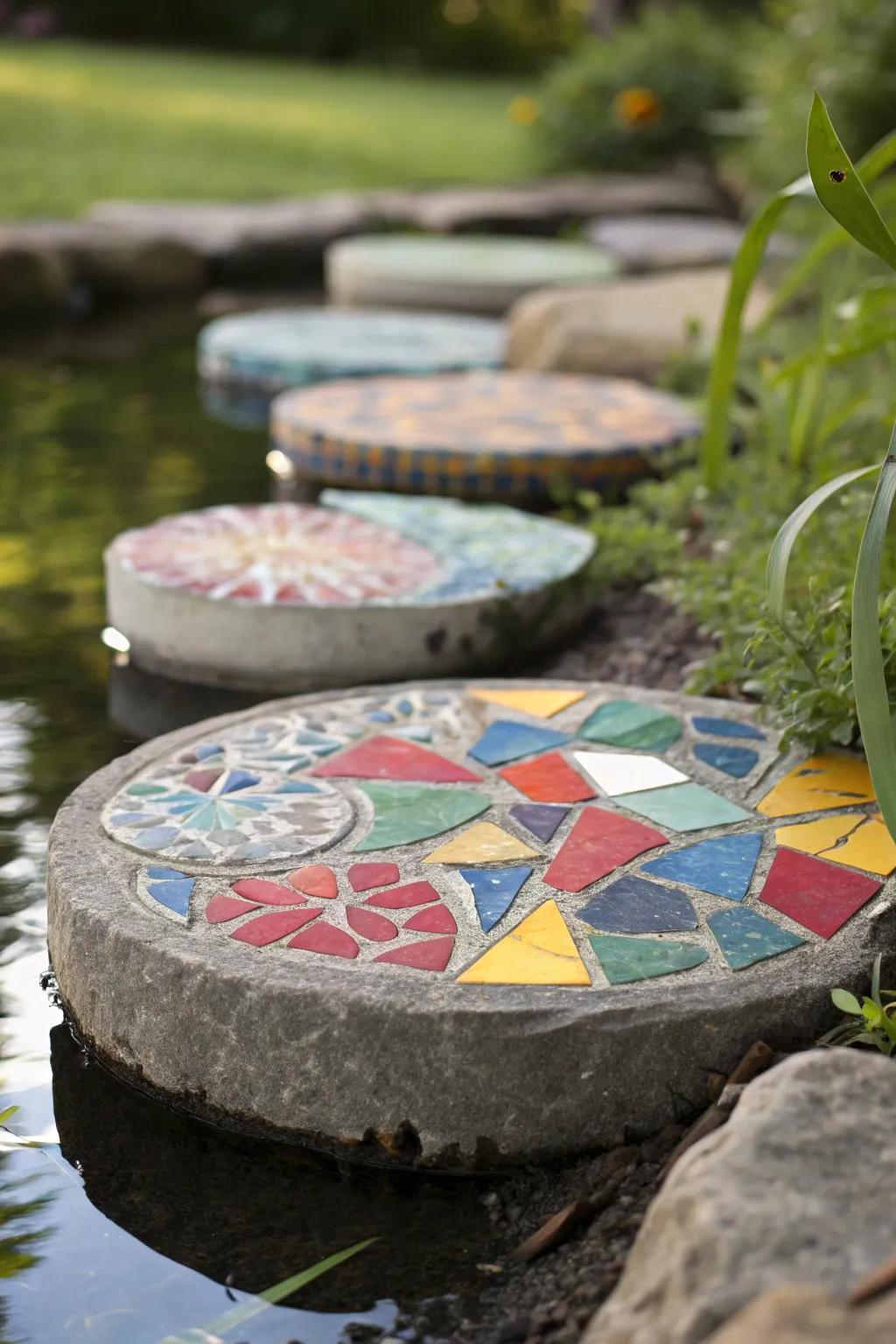 Abstract mosaic stepping stone with vibrant colors and shapes.