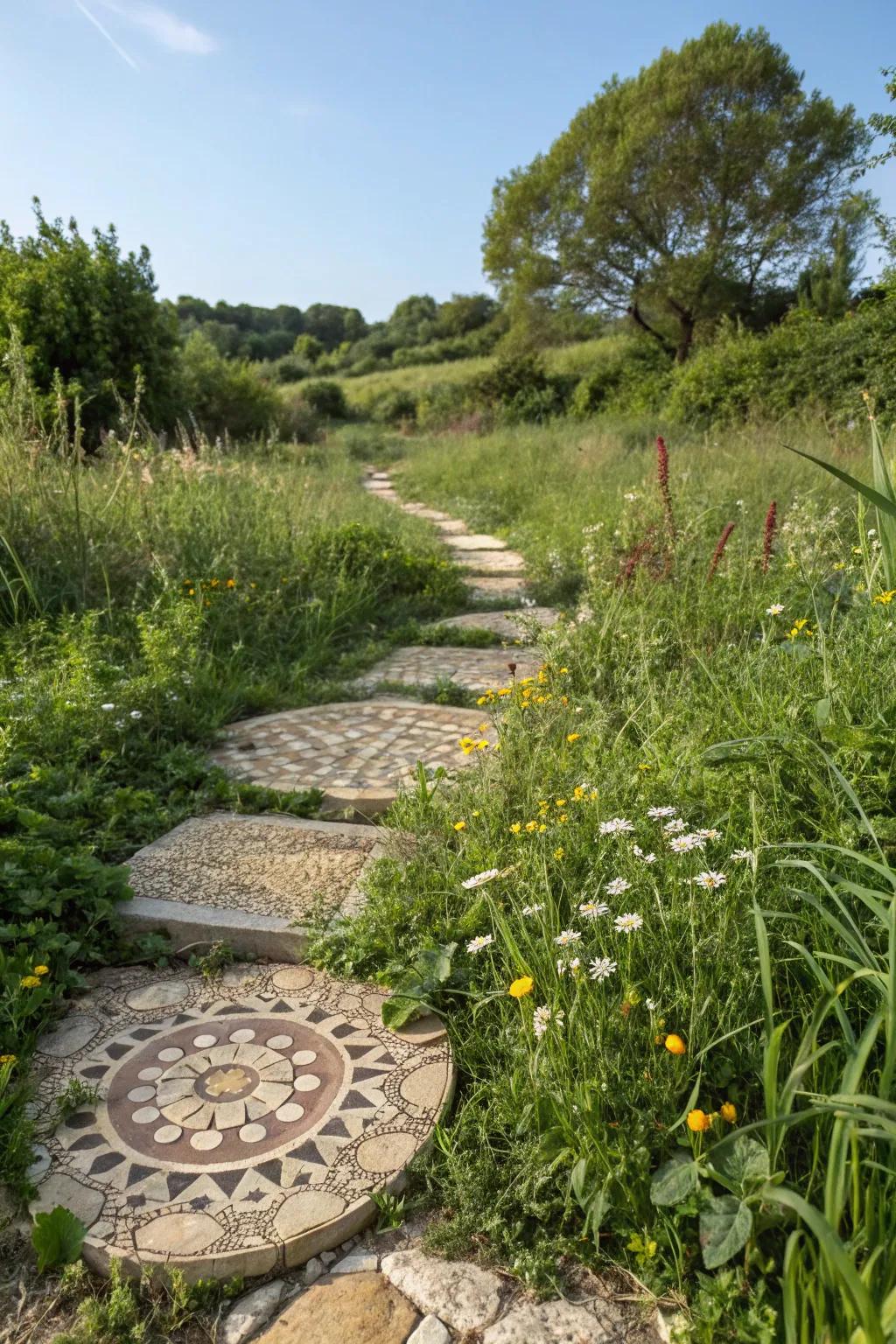 Rustic natural stone mosaic stepping stone blending into the garden.