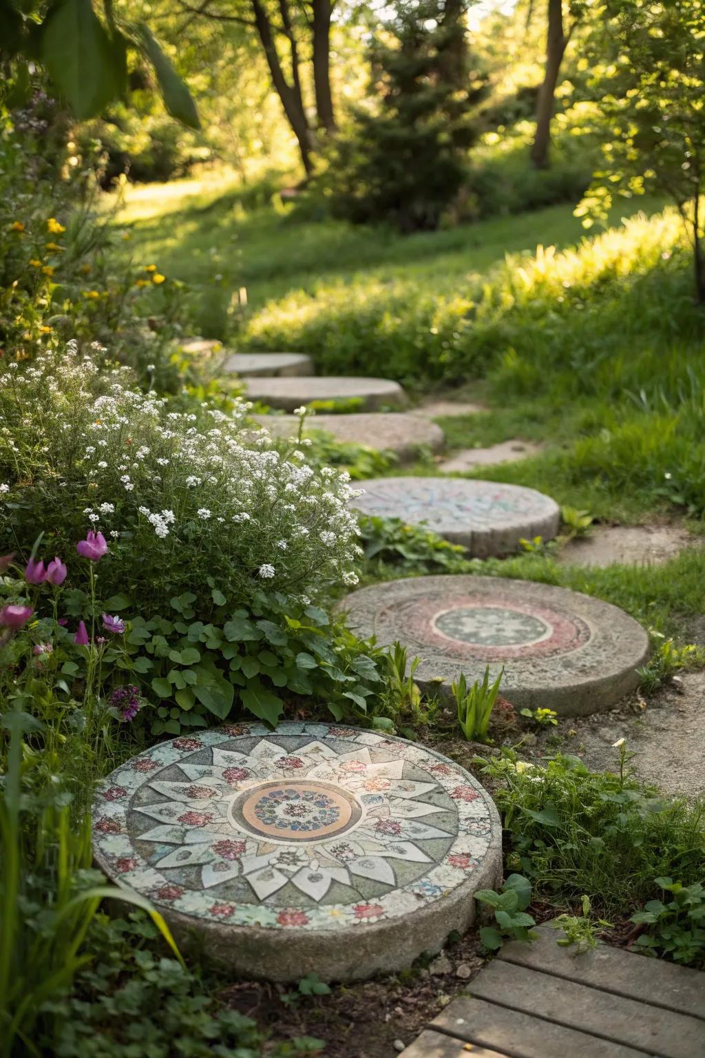 Mystical mandala mosaic stepping stone creating a calming centerpiece in the garden.