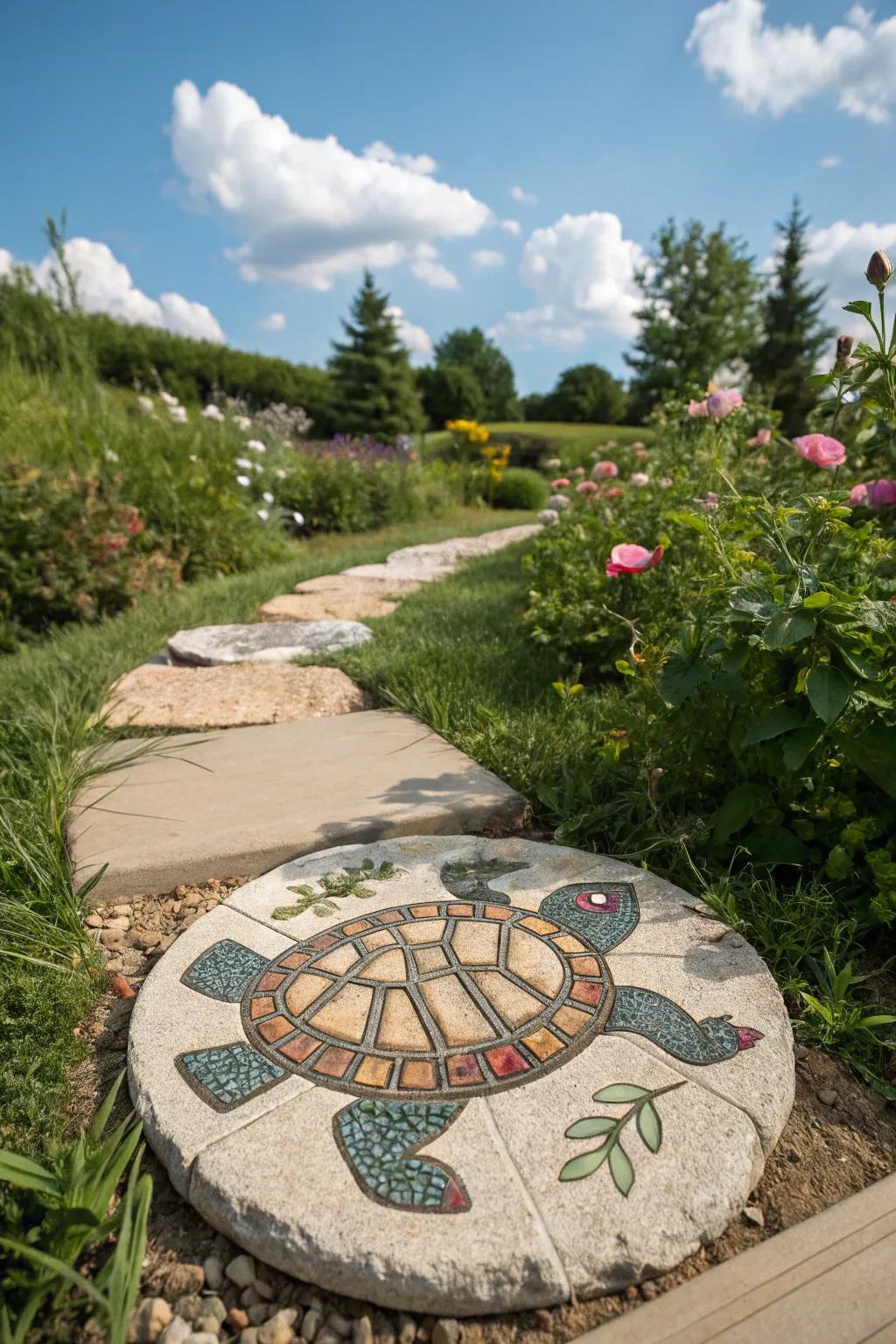 Animal-shaped mosaic stepping stone, featuring a turtle design.