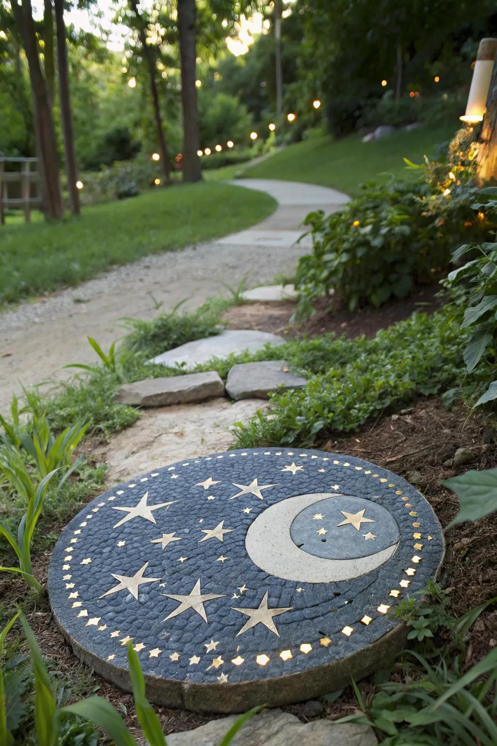 Celestial mosaic stepping stone with stars and moon design.