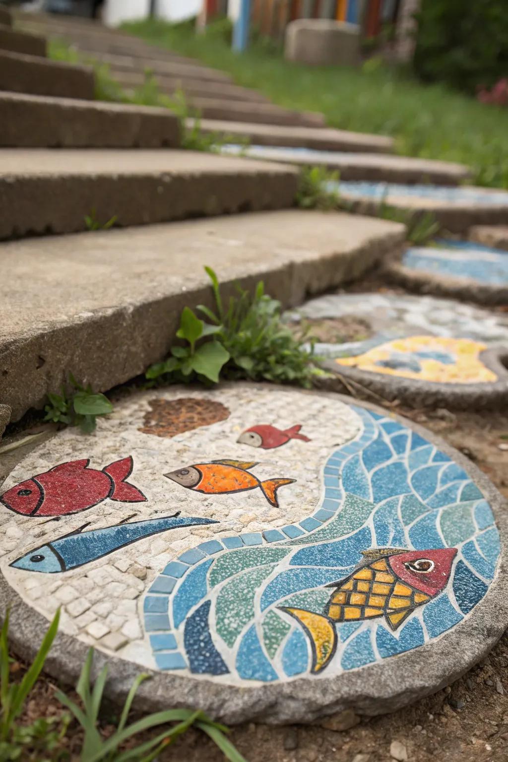 Underwater-themed mosaic stepping stone with fish and wave patterns.