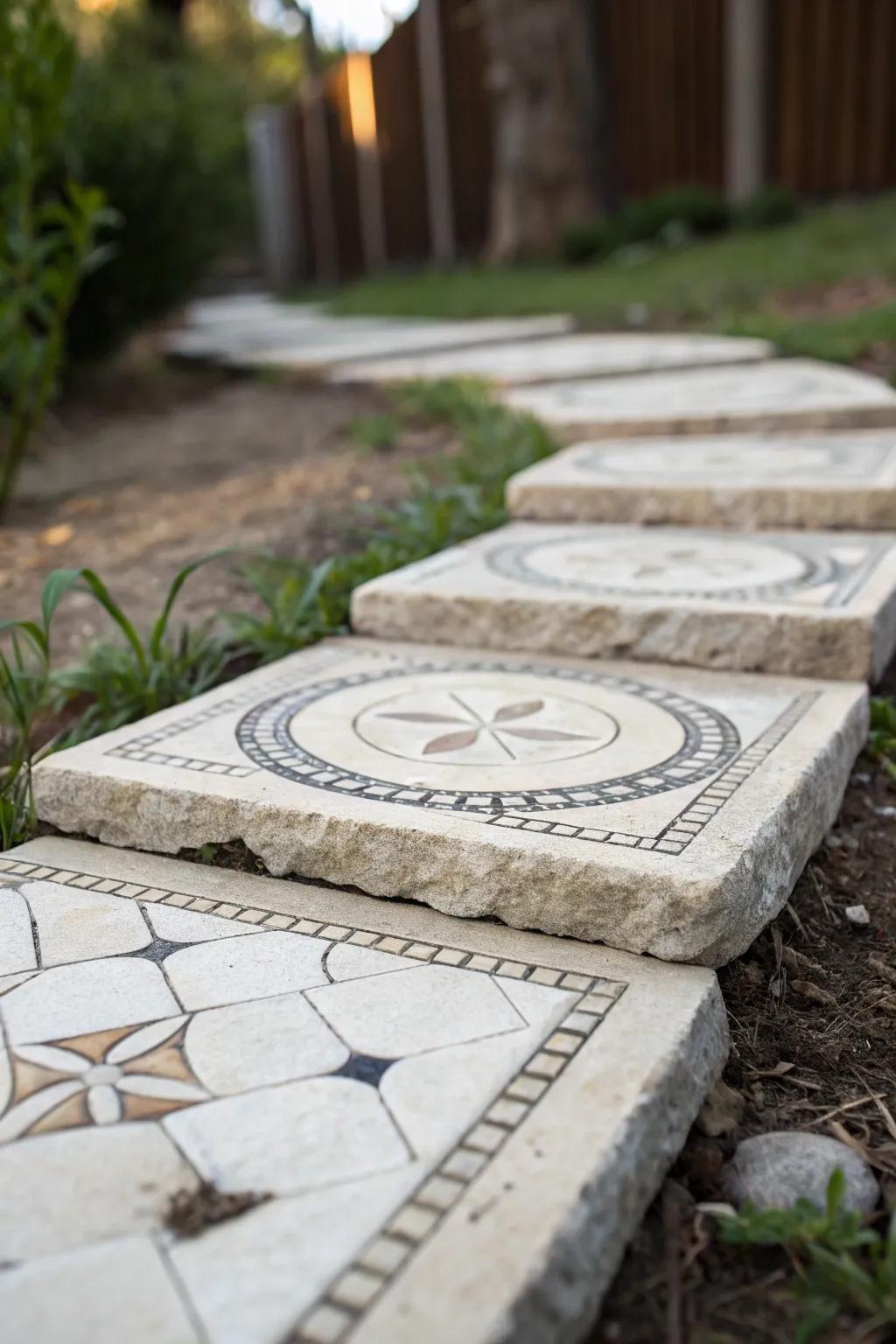 Minimalist mosaic stepping stone offering a clean, modern look.