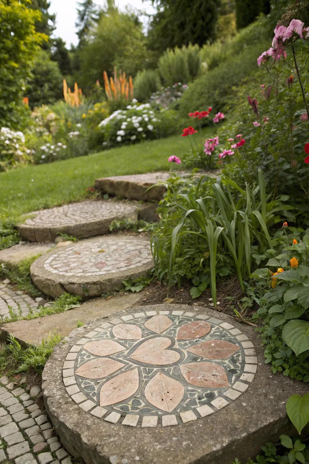 Heart-shaped mosaic stepping stone adding a sweet touch to the garden.