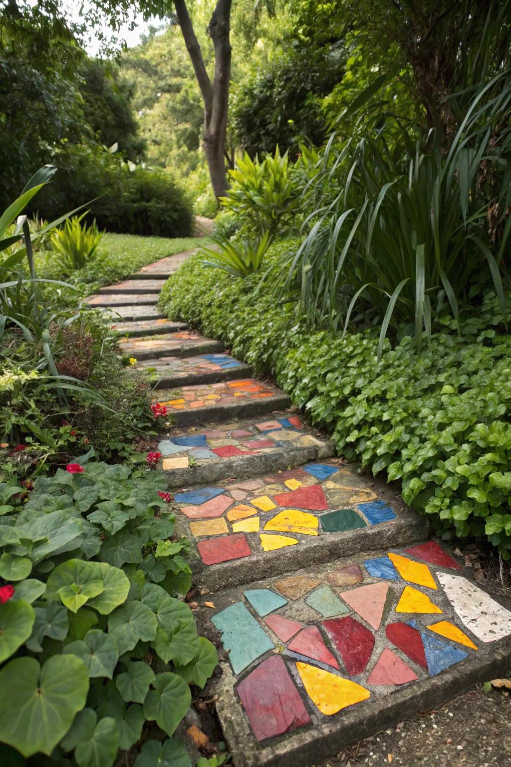 Bold and bright mosaic stepping stone creating a vibrant contrast in the garden.