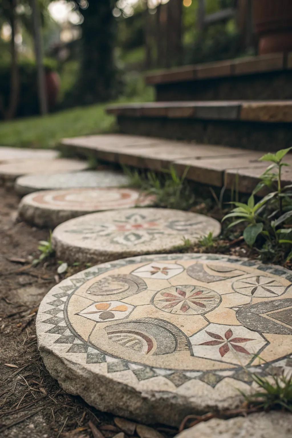 Vintage-inspired mosaic stepping stone with muted colors.