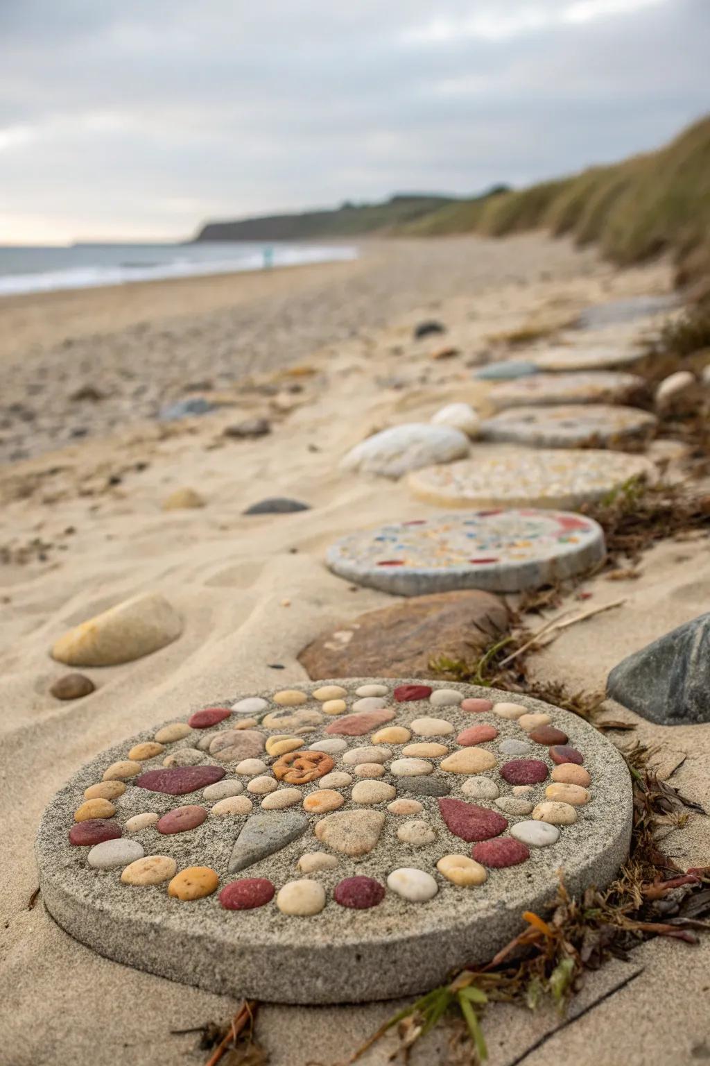 Pebble mosaic stepping stone evoking a beach theme.