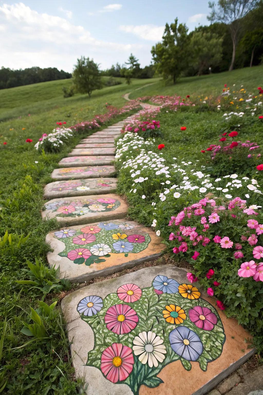 Floral mosaic stepping stone amidst blooming flowers.