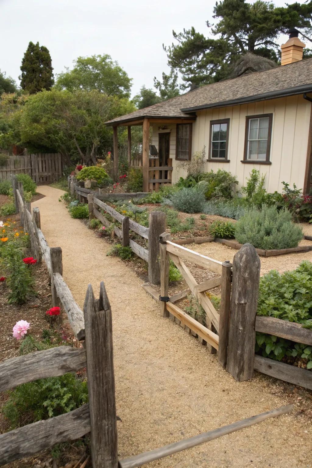 Rustic charm is achieved by combining decomposed granite with wooden elements.