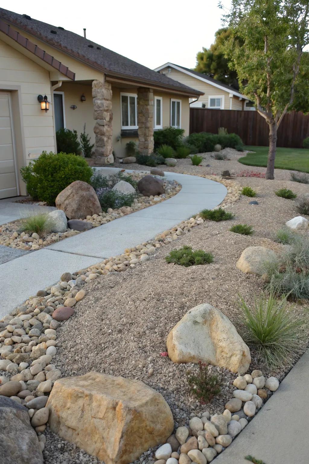 Decorative rocks add texture and interest to a decomposed granite landscape.