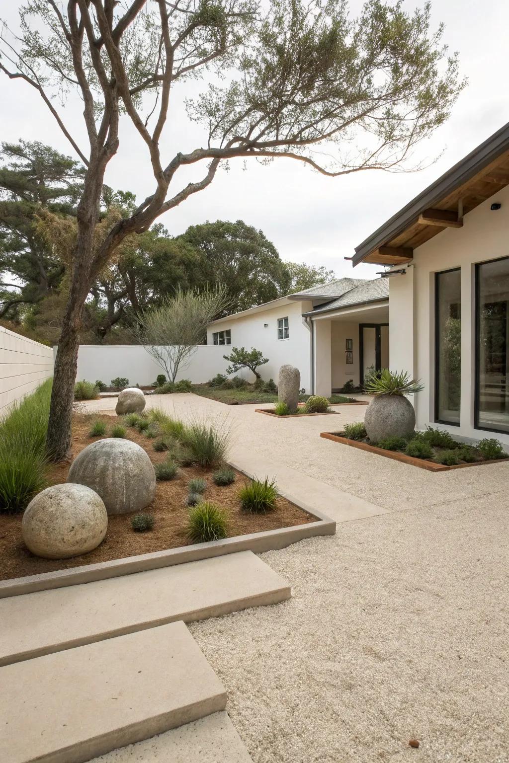 A minimalist front yard design featuring decomposed granite for a clean, modern look.