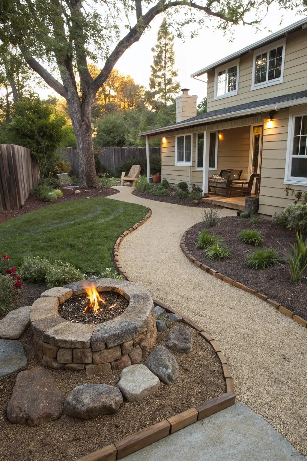 A fire pit area with decomposed granite, perfect for evening gatherings.