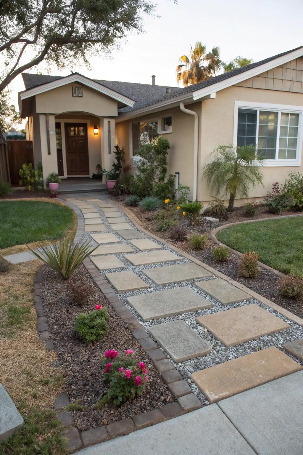 A mix of decomposed granite and pavers creates a dynamic front yard design.