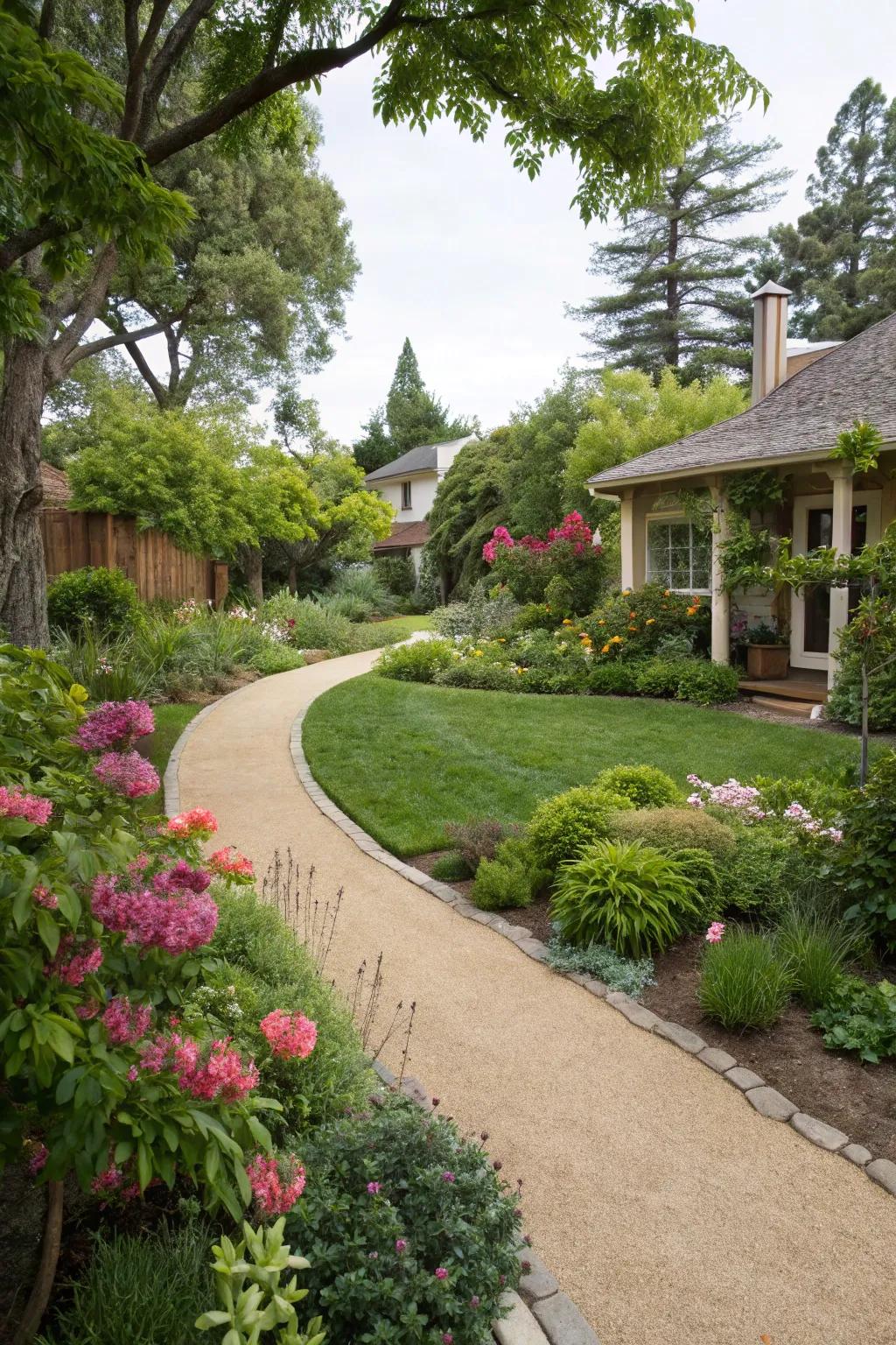 Lush greenery complements the neutral tones of decomposed granite.